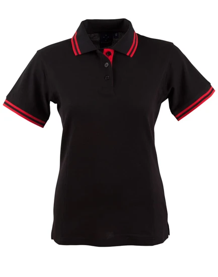 A black ladies' polo shirt with red collar and sleeve accents. Features a collar and three-button placket, and has a logo.