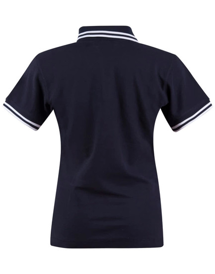 A dark navy polo shirt with white striped accents on the collar and sleeves, featuring a branding logo.