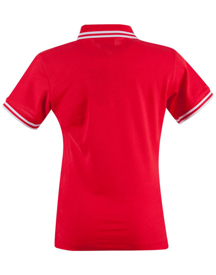 A red polo shirt with a classic collar and contrasting white striped detailing on the sleeves. It has a logo.