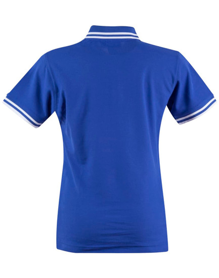 A blue polo shirt with white striped accents on the collar and sleeves, featuring a logo.