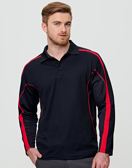 A long sleeve men's polo shirt in black with red accents and a logo.
