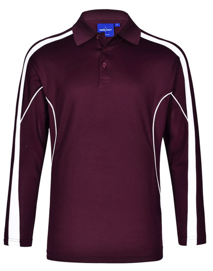 A men's long sleeve polo in burgundy with white side accents and a collar. Features a logo on the chest area.