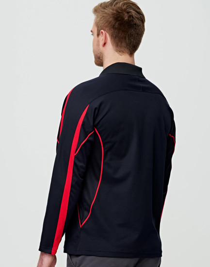 A men's long sleeve polo shirt in black with red accents and a logo on the back.