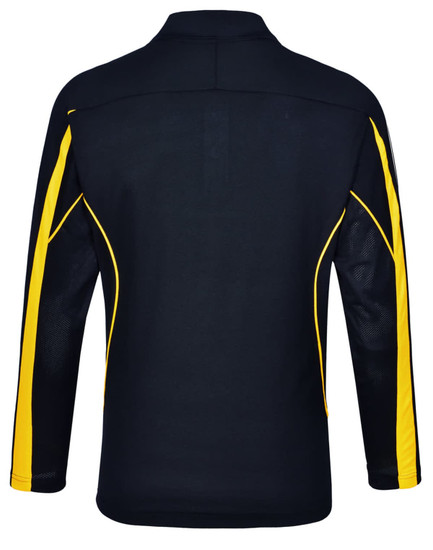 A black long sleeve polo shirt with yellow accents and a logo on the side.