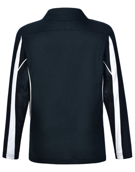 A long sleeve polo shirt in black with white panel accents and a logo. Back view showcases the design.