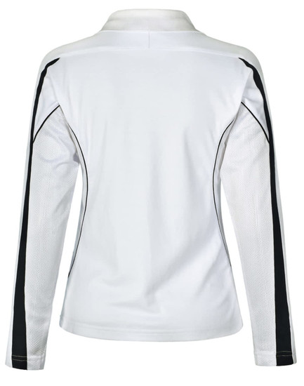 A long sleeve polo shirt in white with black detailing and a mesh back, featuring a logo.