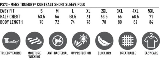 A short sleeve polo shirt in various sizes, featuring a contrast design and logo, with easy care and quick-dry properties.