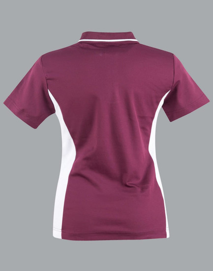 A maroon polo shirt with white contrast panels and a collar, featuring a logo on the front.
