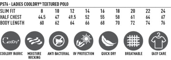 A textured polo shirt in various sizes featuring a logo, made with Cooldry fabric for breathability and moisture wicking.