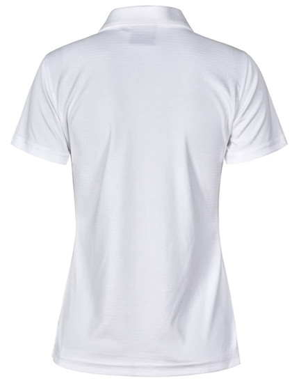 A white women's polo shirt with a textured fabric and a collar, featuring a branding logo.
