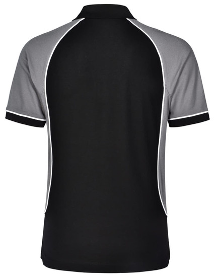 A black and grey tri-colour men's polo shirt with contrasting trim and a logo.