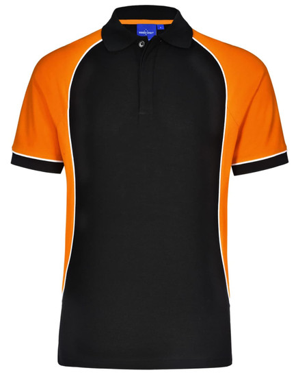 A black and orange kids' polo shirt with a collar, featuring contrasting white piping and a logo.