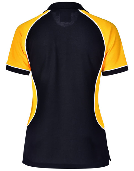 A black and yellow tri-colour polo shirt with short sleeves and a fitted design, featuring contrast piping and a logo.