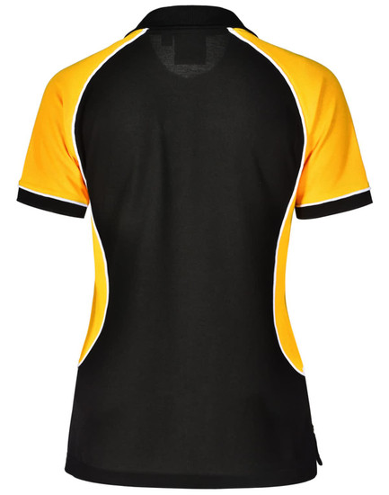 A black and yellow tri-colour short-sleeve polo shirt with a logo on the back.