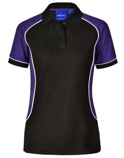 A ladies' polo shirt in black and purple with contrasting white piping and a collar. It features a logo.