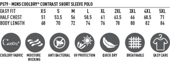 A men's short sleeve polo in various sizes featuring a logo, made from Cooldry fabric in contrasting colours.