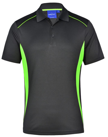 Men's short-sleeve polo shirt in black with vibrant green contrast panels and a logo on the chest.