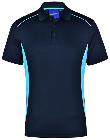 A navy blue polo shirt with contrasting light blue side panels and a collar. Features a logo.
