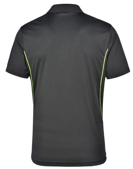 A black polo shirt with contrast green piping and a logo on the back. Suitable for casual or sport wear.