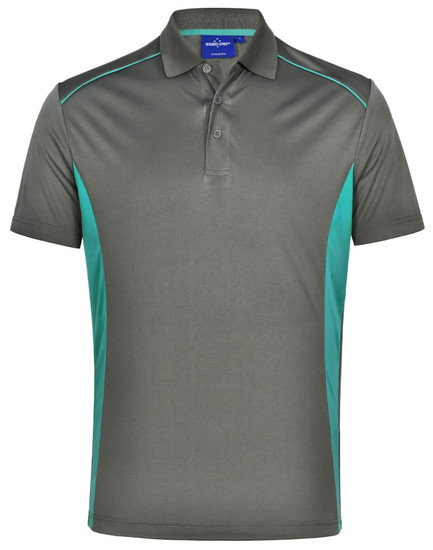 A short-sleeved polo shirt in grey with contrasting teal panels and a collar. Includes a branding logo.