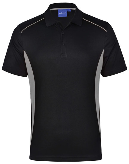 A black and grey Men's Cooldry S/S Contrast Interlock Polo with a collar and a logo.