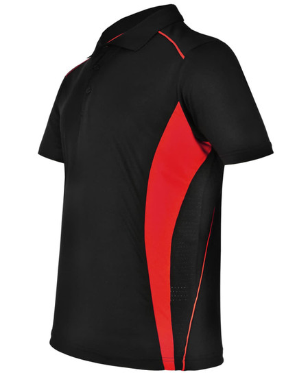 A black polo shirt with red contrast detailing and a logo on the chest. Made from Cooldry material.