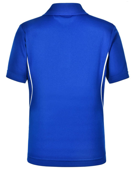 A blue Kids' Cooldry S/S Contrast Interlock Polo shirt featuring white piping and a logo on the back.