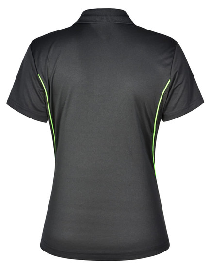A black polo shirt featuring contrast green stripes, designed with a fitted cut and a logo.