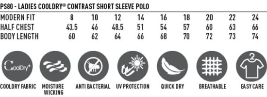 Ladies' Cooldry S/S Contrast Interlock Polo in various sizes, featuring a modern fit, moisture-wicking, and easy-care design.