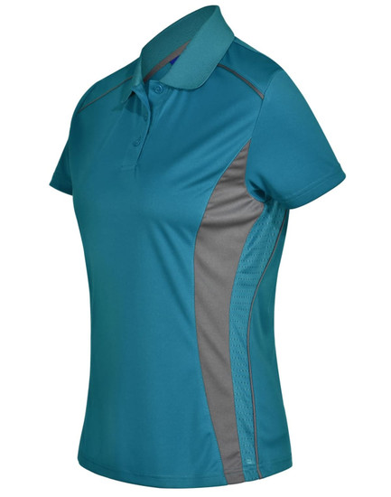 Ladies' Cooldry S/S Contrast Interlock Polo in teal and grey, featuring a branded logo on the chest.