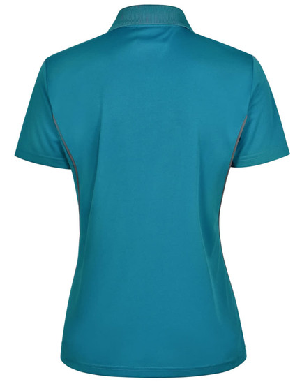 A teal ladies' polo shirt with short sleeves, featuring a contrasting trim and a logo.