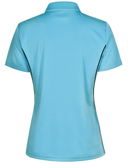 A women's light blue polo shirt featuring short sleeves and contrast detailing, with a logo on the front.
