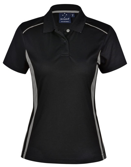 A black ladies' polo shirt with contrast detailing and a collar, featuring a logo on the chest.
