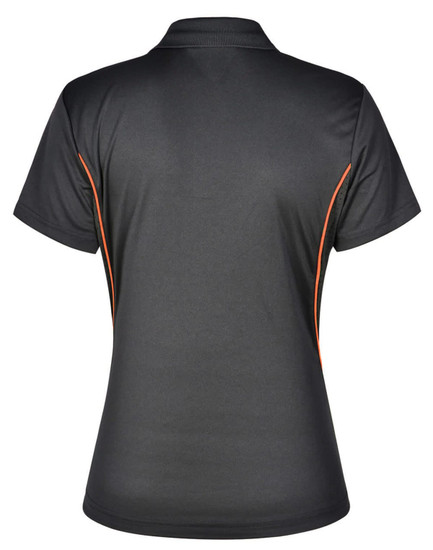 A black polo shirt with contrasting orange trim and a logo on the back.