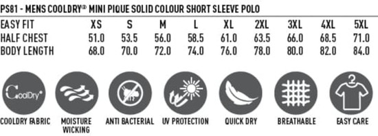 Men's Cooldry Pique Solid Colour Short Sleeve Polo in various sizes, featuring Cooldry fabric, moisture-wicking properties, and a logo.