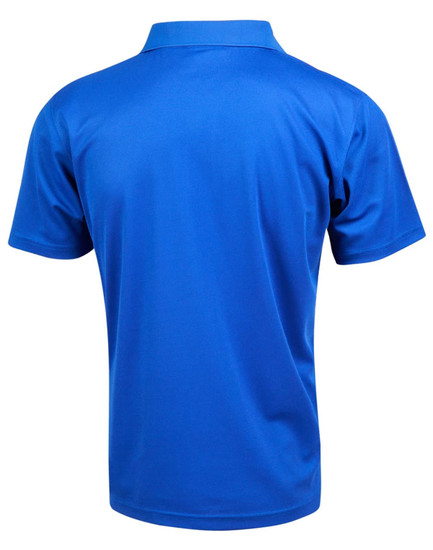 A blue short-sleeved polo shirt with a collar and a logo on the back. Ideal for casual wear.