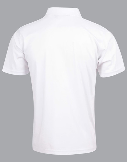 A white men's polo shirt featuring a classic collar and short sleeves, with a logo on the back.