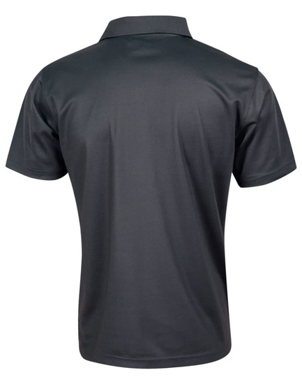 A plain black kids' polo shirt featuring a collar and short sleeves, with a logo on the back.