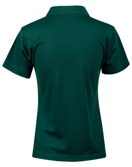 A short-sleeve polo shirt in green, featuring a classic collar and smooth texture, with a logo on the back.