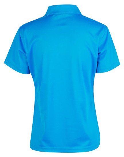 A blue short-sleeved polo shirt with a plain design and a collar, featuring a logo on the back.
