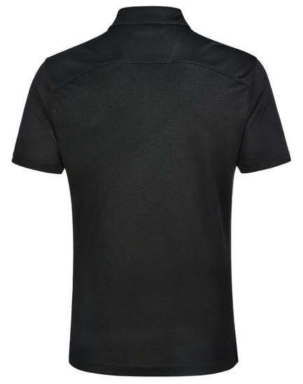 A black men's polo shirt with a collar, featuring a detailed back design and a logo.