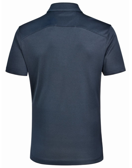 A navy polo shirt with a textured finish, featuring a collar and short sleeves, with a logo on the chest.