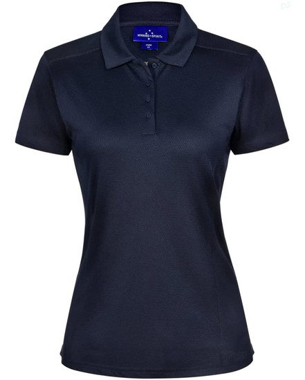 A navy blue women's polo shirt with a collared neckline, short sleeves, and a logo.