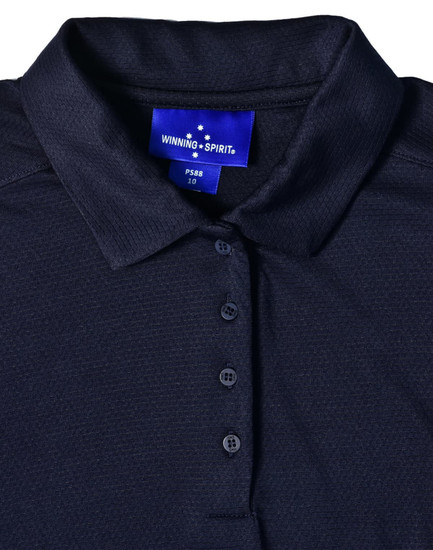 A navy blue polo shirt with a collar, featuring a buttoned placket and a logo on the label.