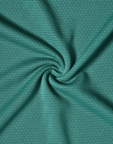 A textured fabric in a rich teal colour, showcasing a subtle grid pattern. There is a logo present.