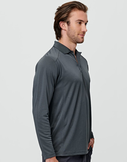 A men's long-sleeve polo shirt in charcoal grey with a collar and a logo.