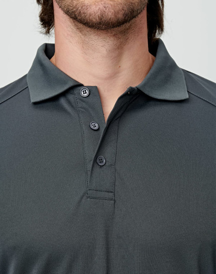 A charcoal grey men's long-sleeve polo shirt with a collar and three buttons, featuring a logo.