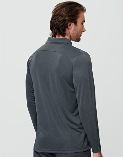 A long-sleeved polo shirt in charcoal grey, featuring a collar and a brand logo.