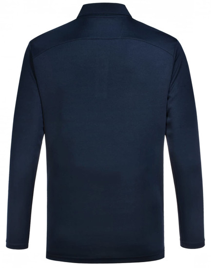 A navy long-sleeve polo shirt with a collar, featuring a logo on the chest.