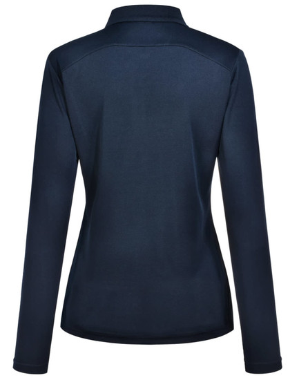 A navy blue ladies' long-sleeve polo shirt with a fitted design and collar, featuring a logo.